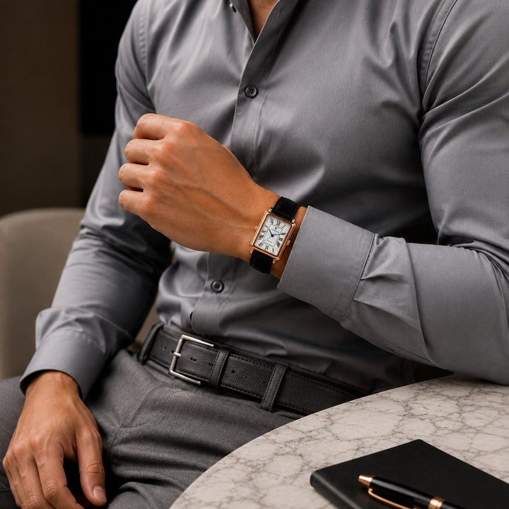 The Rectangle Watch worn with a grey shirt and a black belt