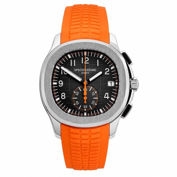 The Sport Chronograph, steel case and black dial on an orange rubber strap, on a white background