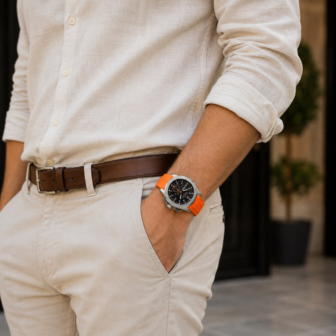 The Sport Chronograph worn with a linen shirt and a brown belt