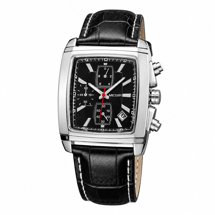 The Tonneau Chronograph, steel case and black chronograph dial, on a white background
