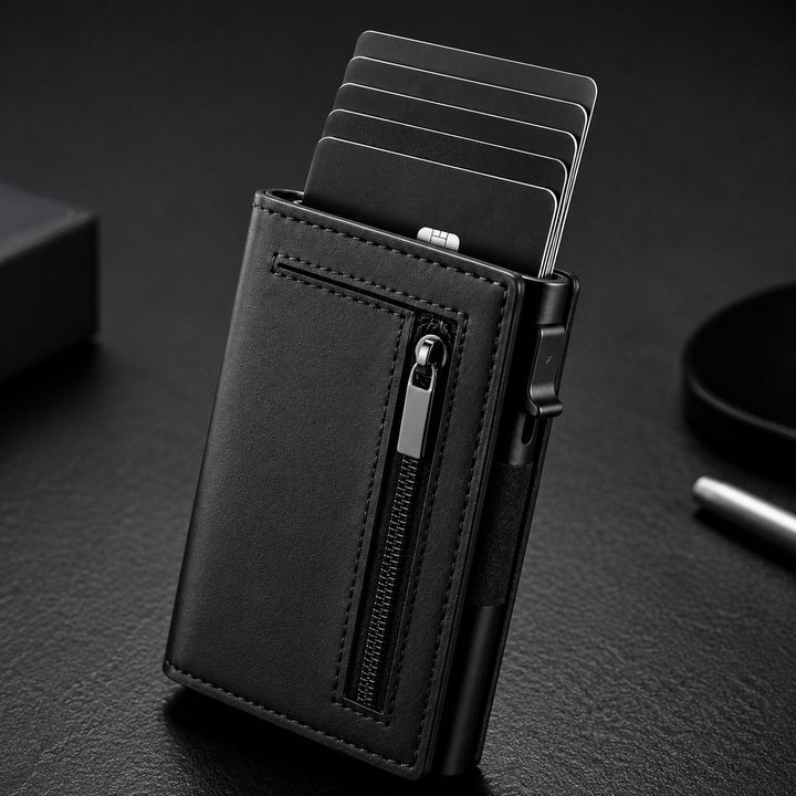 Cards fanning out of the wallet with one push