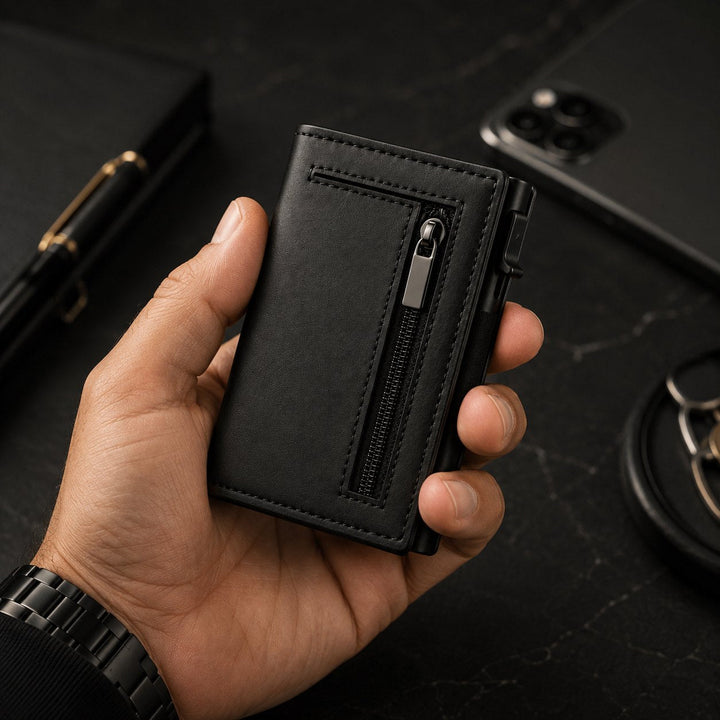 The wallet held in one hand