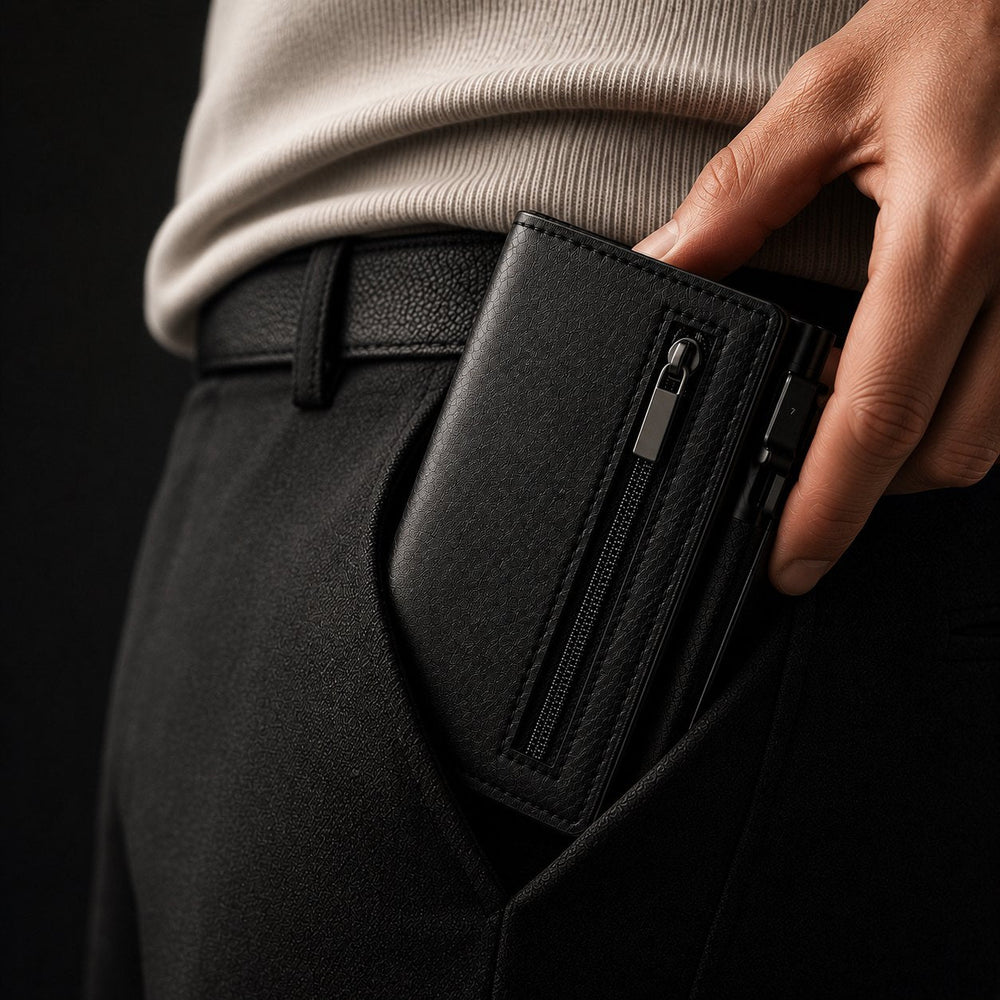 The wallet going into a front trouser pocket